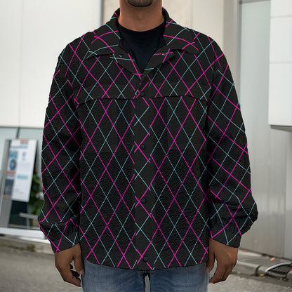 Black Pink And Blue Argyle Pattern Print Men's Shirt Jacket