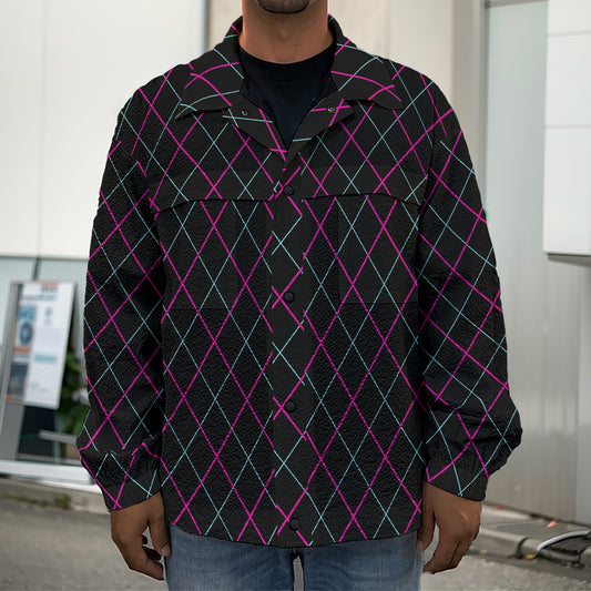 Black Pink And Blue Argyle Pattern Print Men's Shirt Jacket