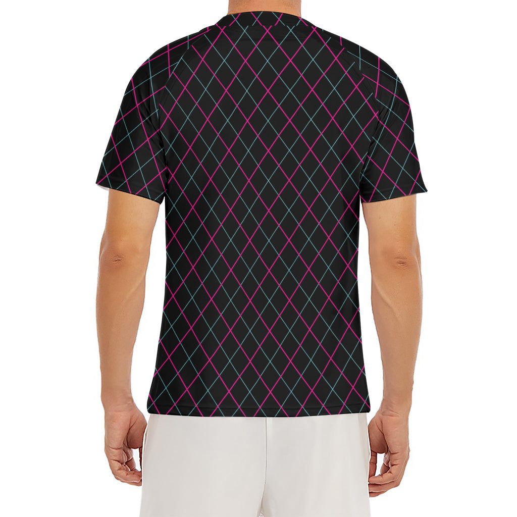 Black Pink And Blue Argyle Pattern Print Men's Short Sleeve Rash Guard