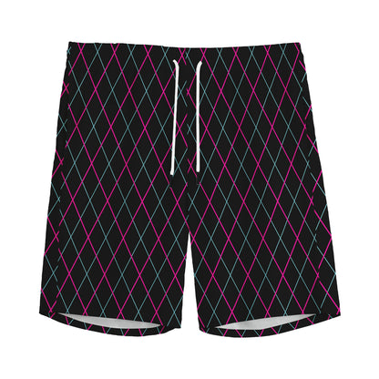 Black Pink And Blue Argyle Pattern Print Men's Sports Shorts