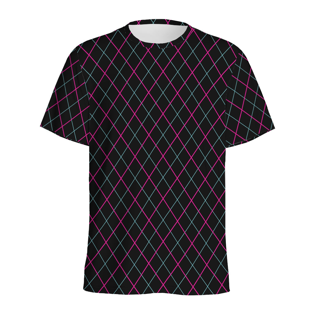Black Pink And Blue Argyle Pattern Print Men's Sports T-Shirt