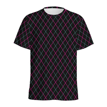 Black Pink And Blue Argyle Pattern Print Men's Sports T-Shirt