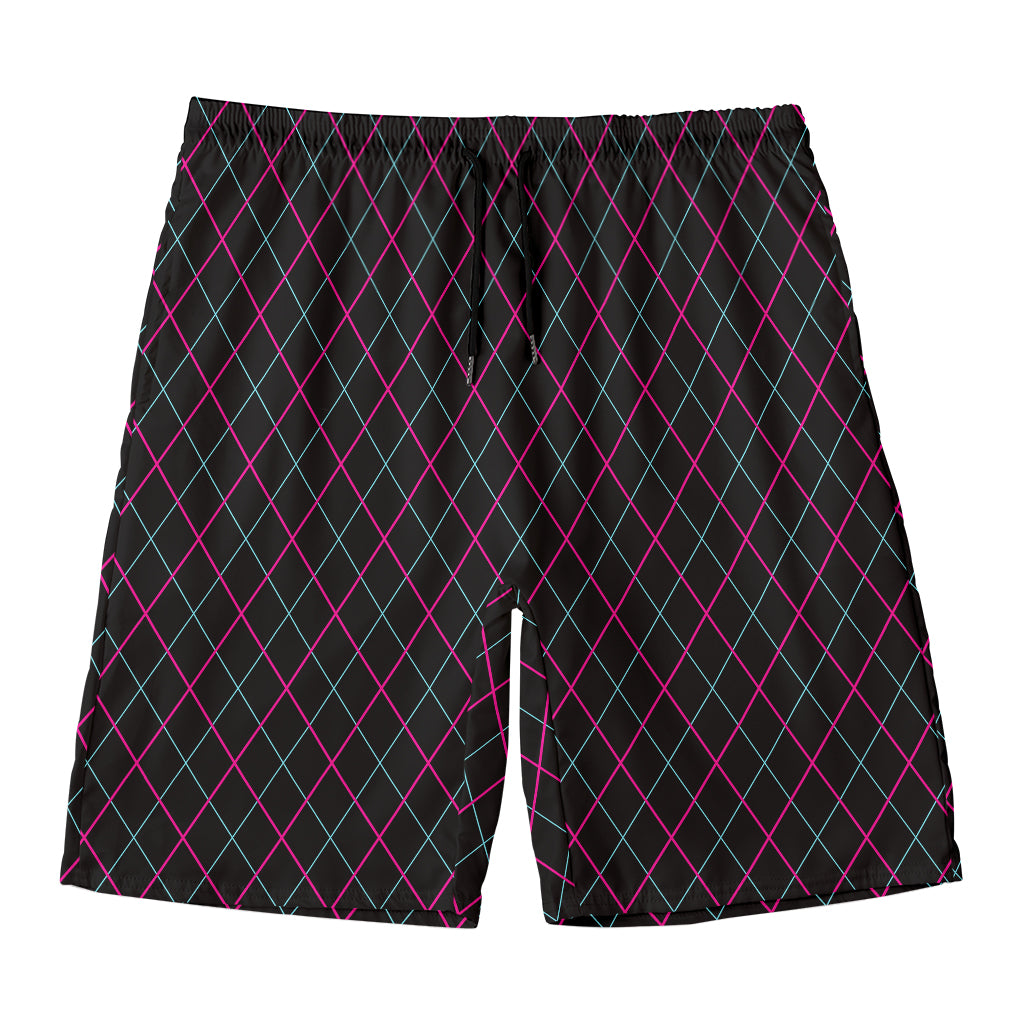 Black Pink And Blue Argyle Pattern Print Men's Swim Trunks
