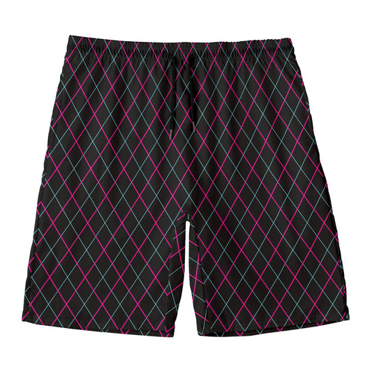 Black Pink And Blue Argyle Pattern Print Men's Swim Trunks