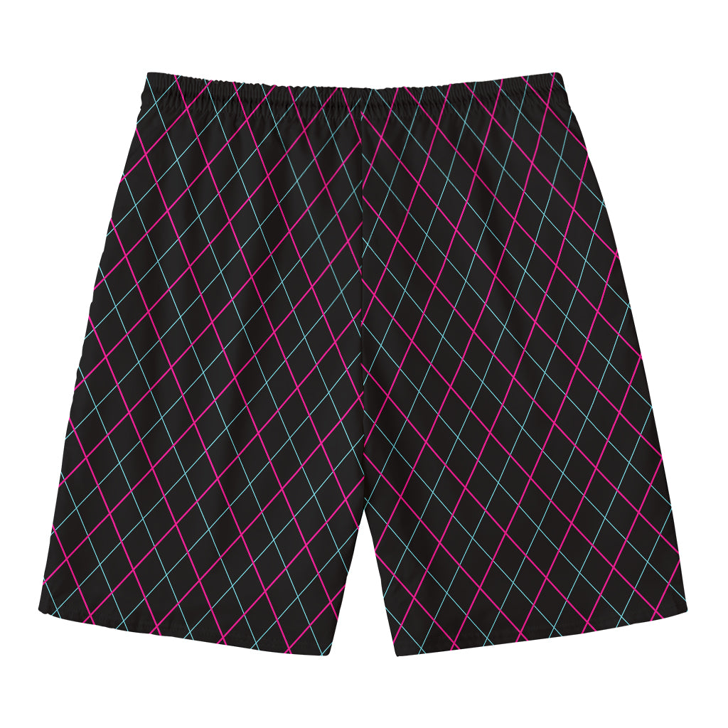 Black Pink And Blue Argyle Pattern Print Men's Swim Trunks