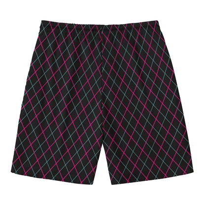 Black Pink And Blue Argyle Pattern Print Men's Swim Trunks
