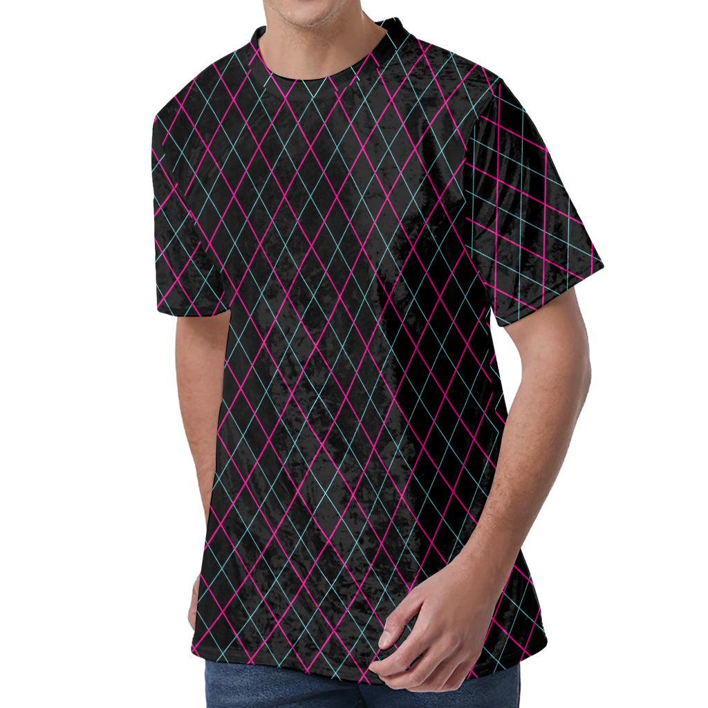 Black Pink And Blue Argyle Pattern Print Men's Velvet T-Shirt