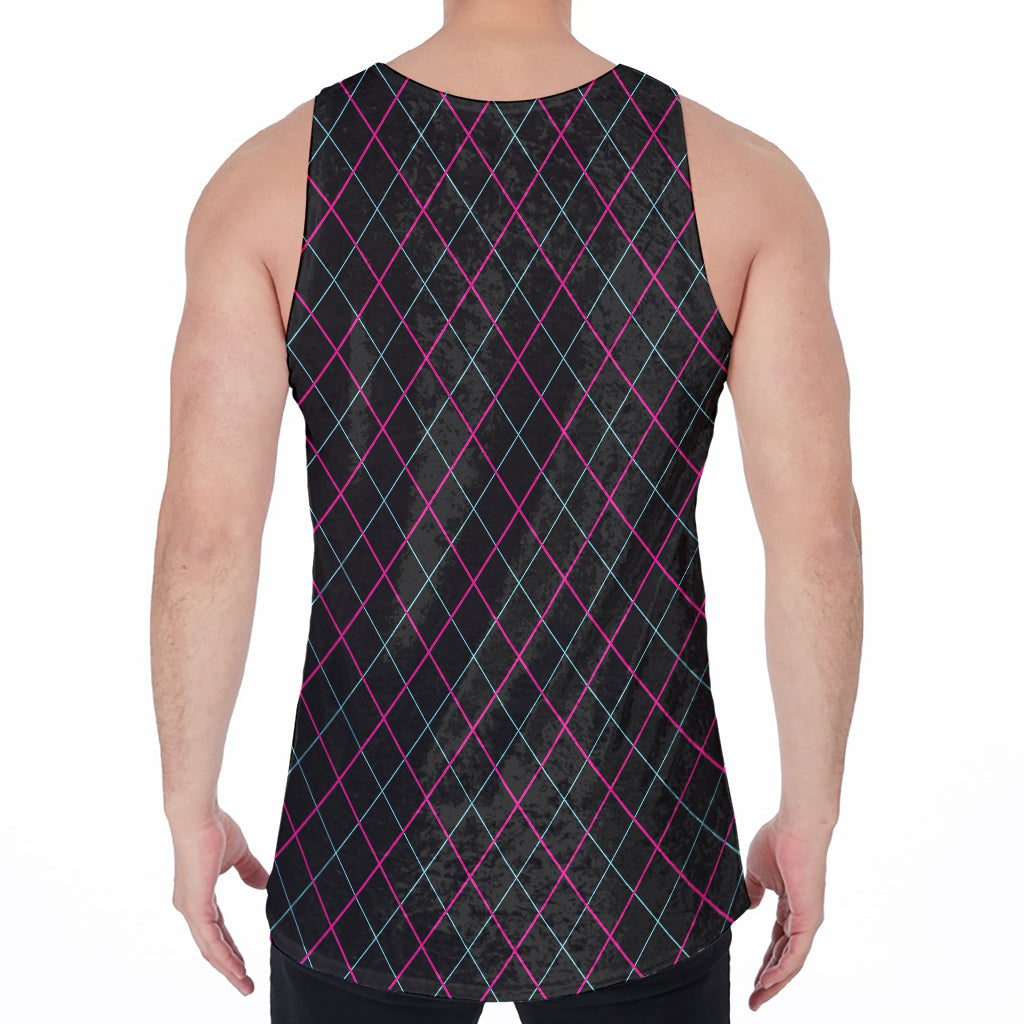 Black Pink And Blue Argyle Pattern Print Men's Velvet Tank Top