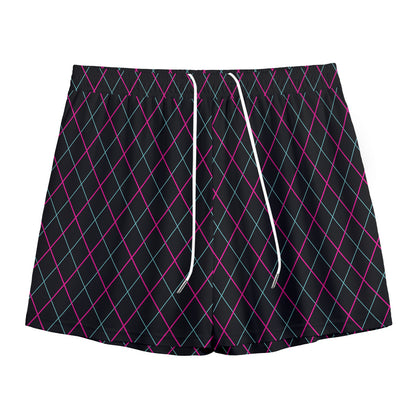 Black Pink And Blue Argyle Pattern Print Mesh Shorts