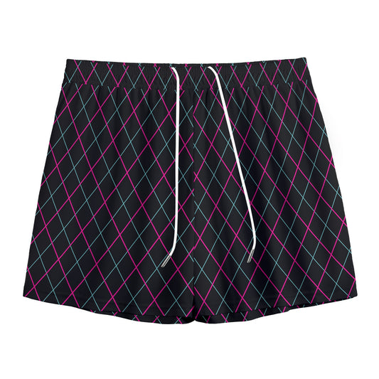 Black Pink And Blue Argyle Pattern Print Mesh Shorts