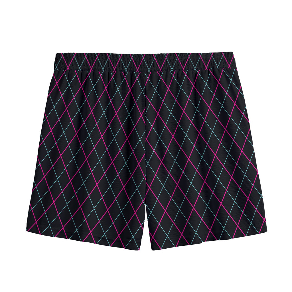 Black Pink And Blue Argyle Pattern Print Mesh Shorts