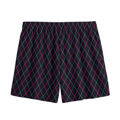 Black Pink And Blue Argyle Pattern Print Mesh Shorts