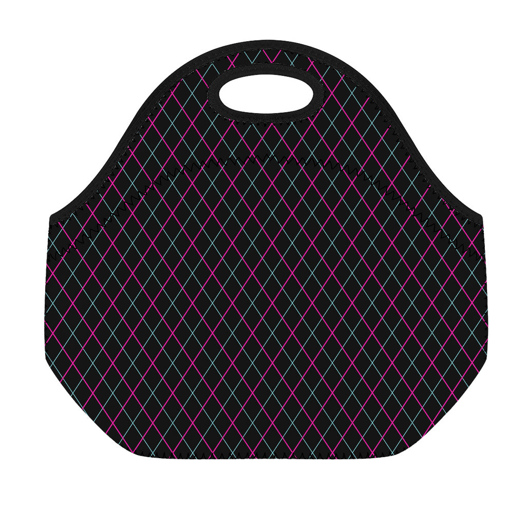 Black Pink And Blue Argyle Pattern Print Neoprene Lunch Bag