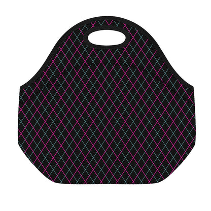 Black Pink And Blue Argyle Pattern Print Neoprene Lunch Bag