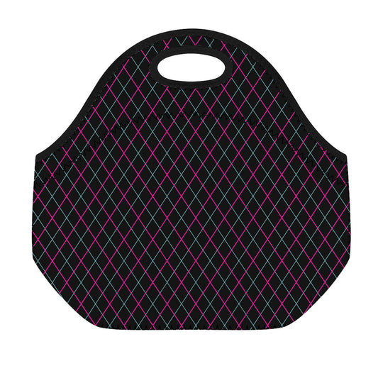 Black Pink And Blue Argyle Pattern Print Neoprene Lunch Bag