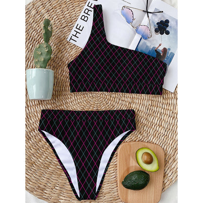 Black Pink And Blue Argyle Pattern Print One Shoulder Bikini Top
