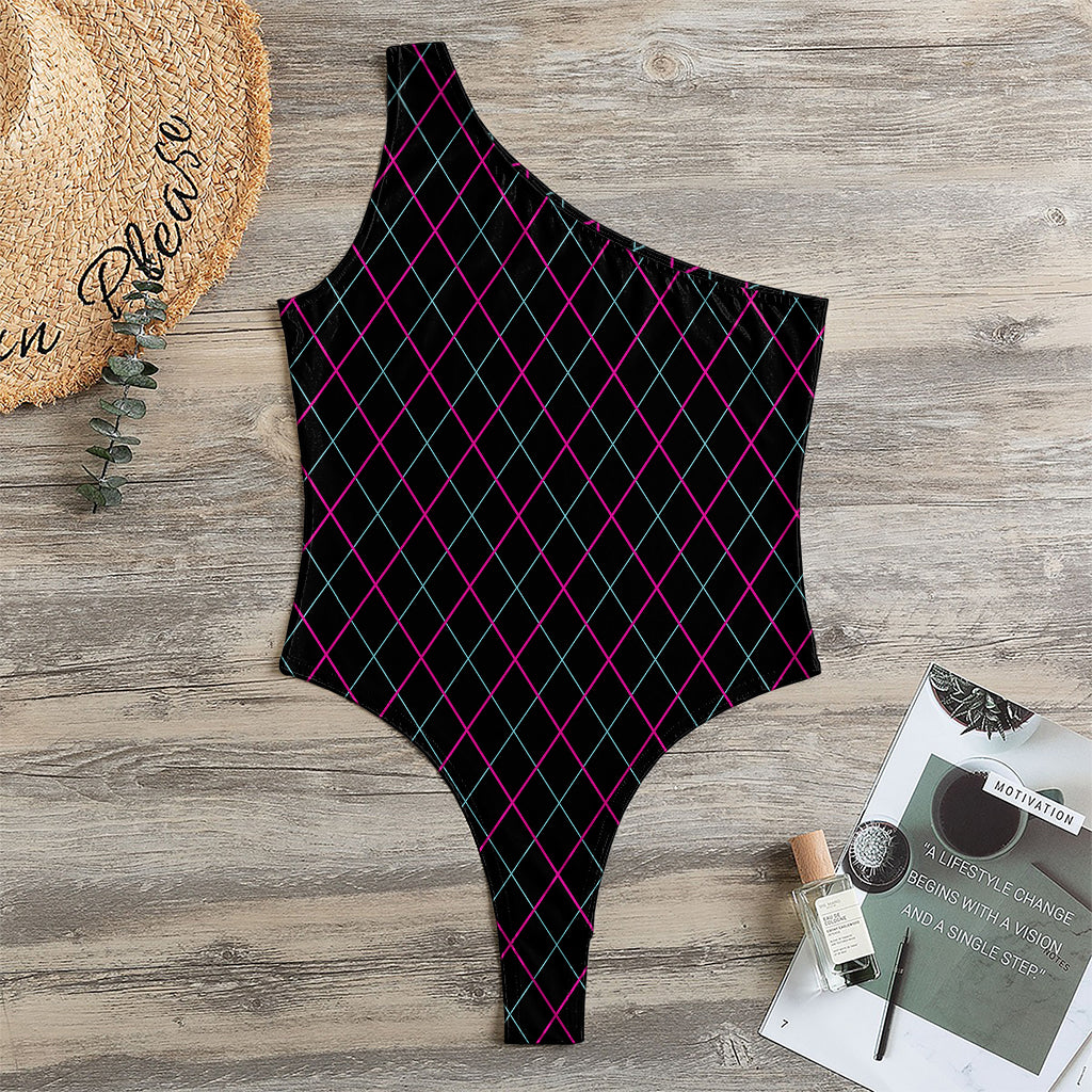 Black Pink And Blue Argyle Pattern Print One Shoulder Bodysuit