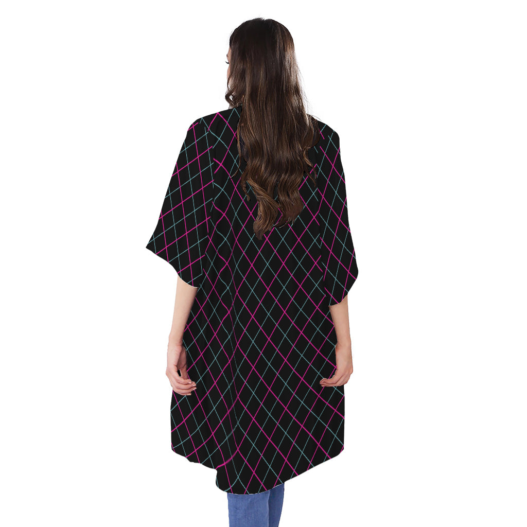 Black Pink And Blue Argyle Pattern Print Open Front Beach Cover Up