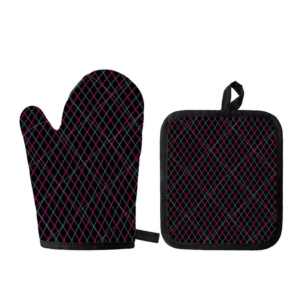 Black Pink And Blue Argyle Pattern Print Oven Mitt And Pot Holder Set