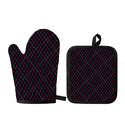 Black Pink And Blue Argyle Pattern Print Oven Mitt And Pot Holder Set