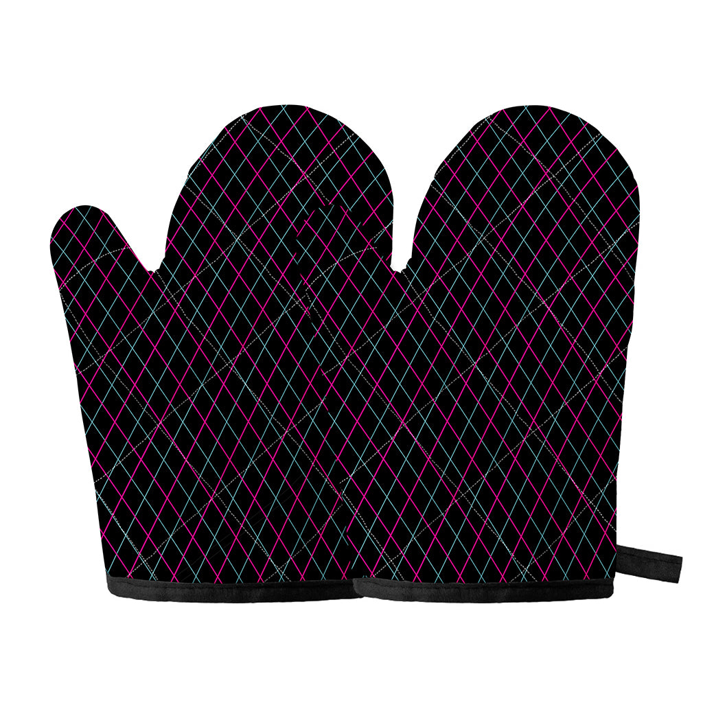 Black Pink And Blue Argyle Pattern Print Oven Mitts