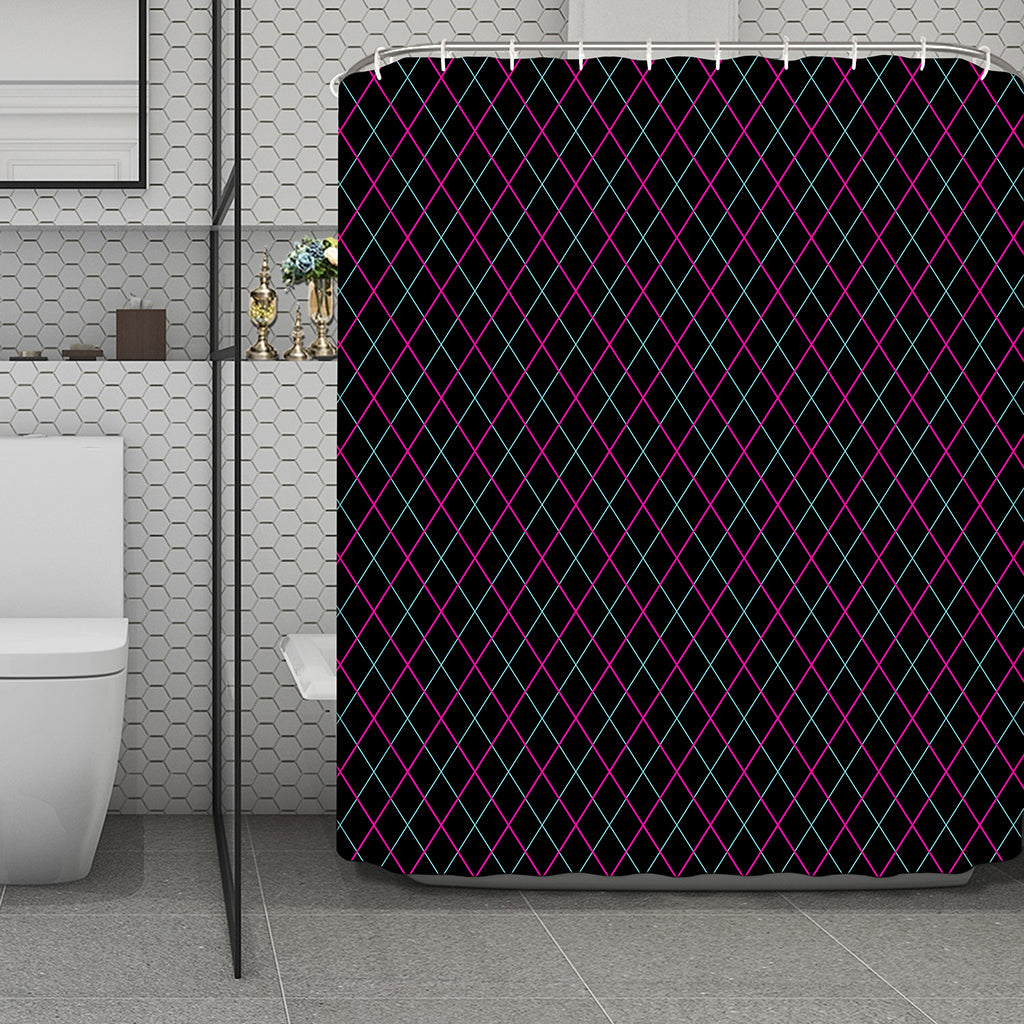Black Pink And Blue Argyle Pattern Print Polyester Shower Curtain