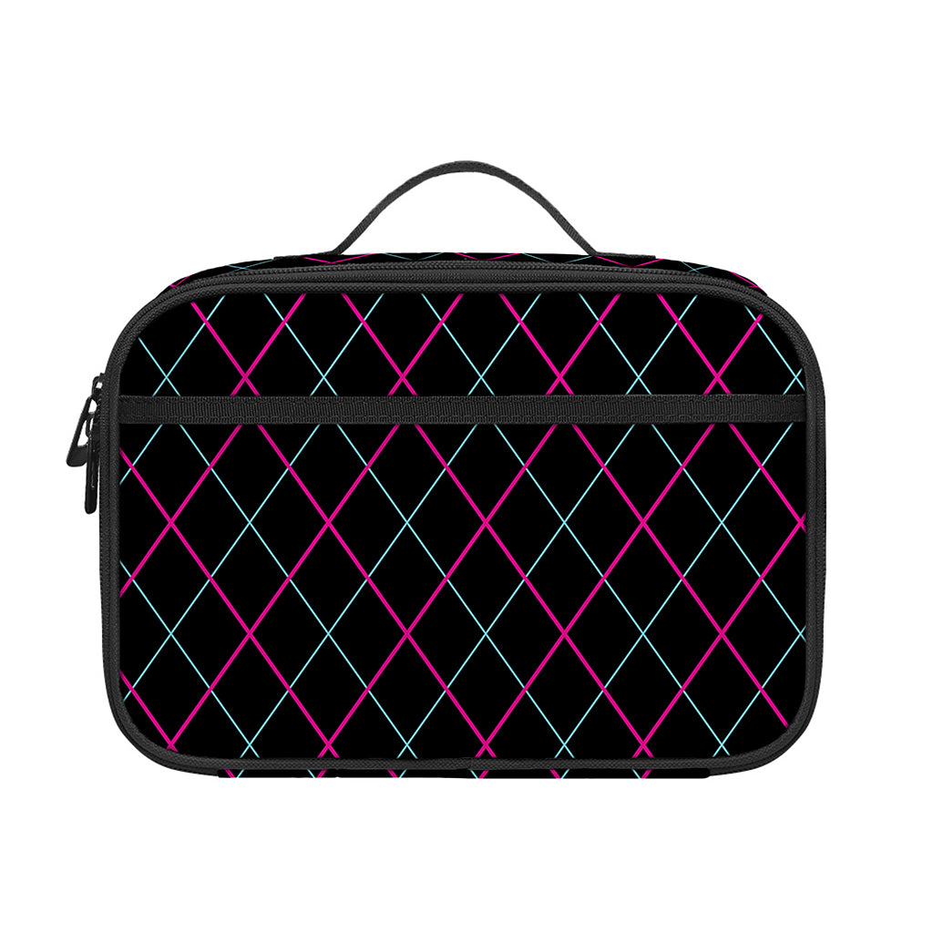 Black Pink And Blue Argyle Pattern Print Portable Lunch Bag