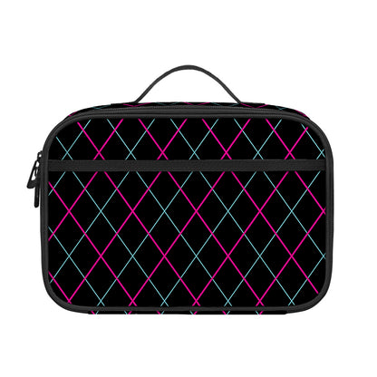 Black Pink And Blue Argyle Pattern Print Portable Lunch Bag