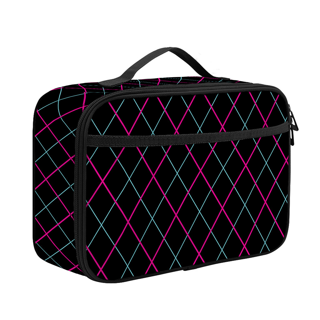 Black Pink And Blue Argyle Pattern Print Portable Lunch Bag