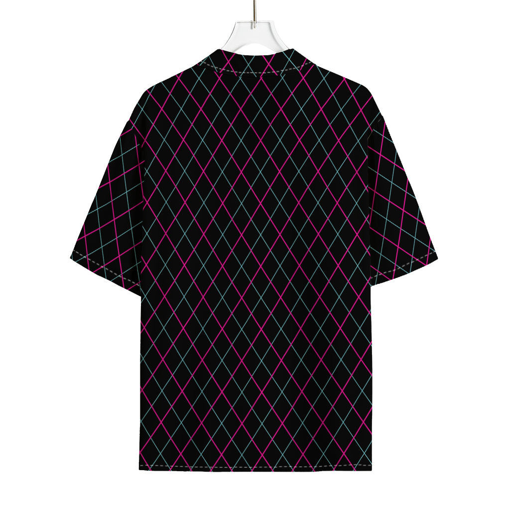 Black Pink And Blue Argyle Pattern Print Rayon Hawaiian Shirt