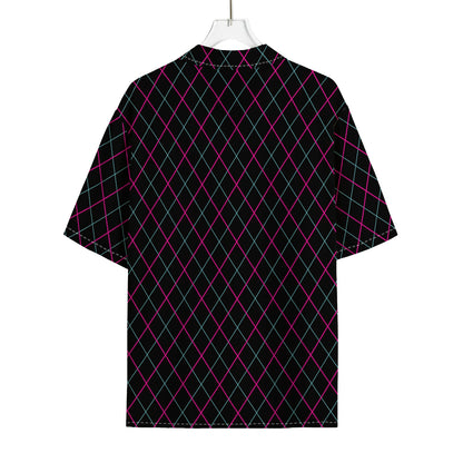 Black Pink And Blue Argyle Pattern Print Rayon Hawaiian Shirt
