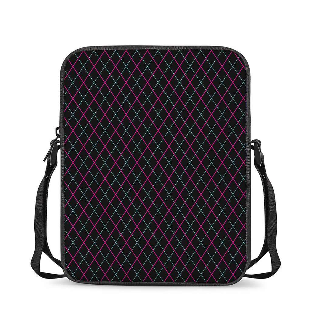 Black Pink And Blue Argyle Pattern Print Rectangular Crossbody Bag