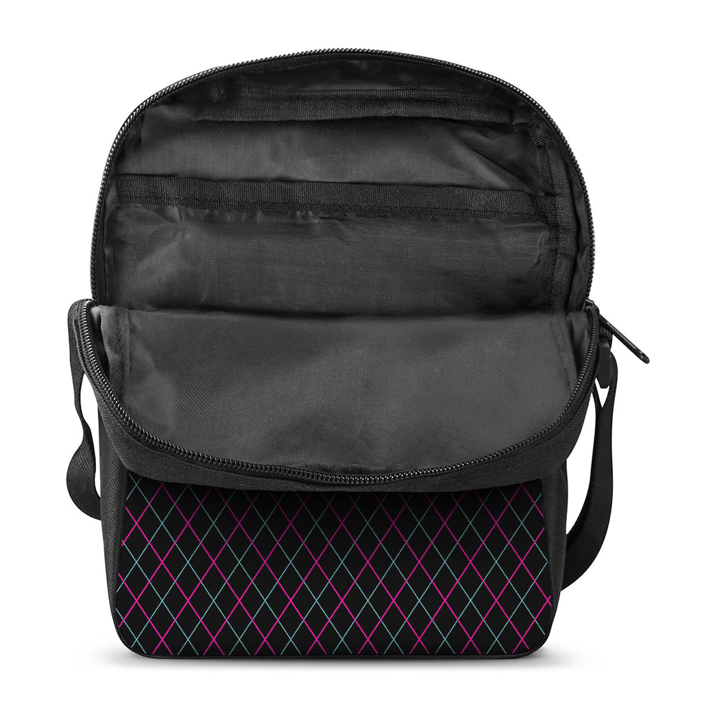 Black Pink And Blue Argyle Pattern Print Rectangular Crossbody Bag