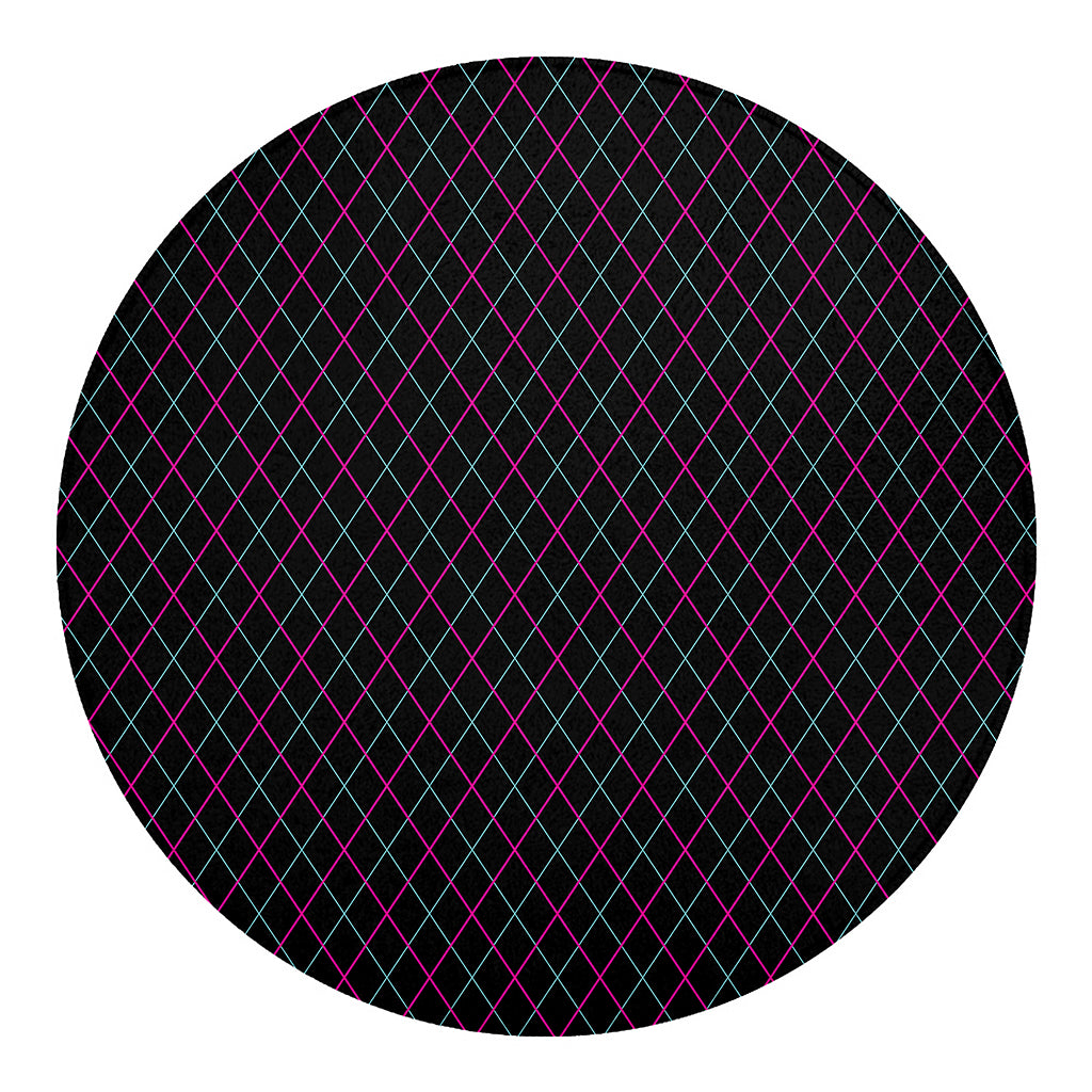 Black Pink And Blue Argyle Pattern Print Round Blanket