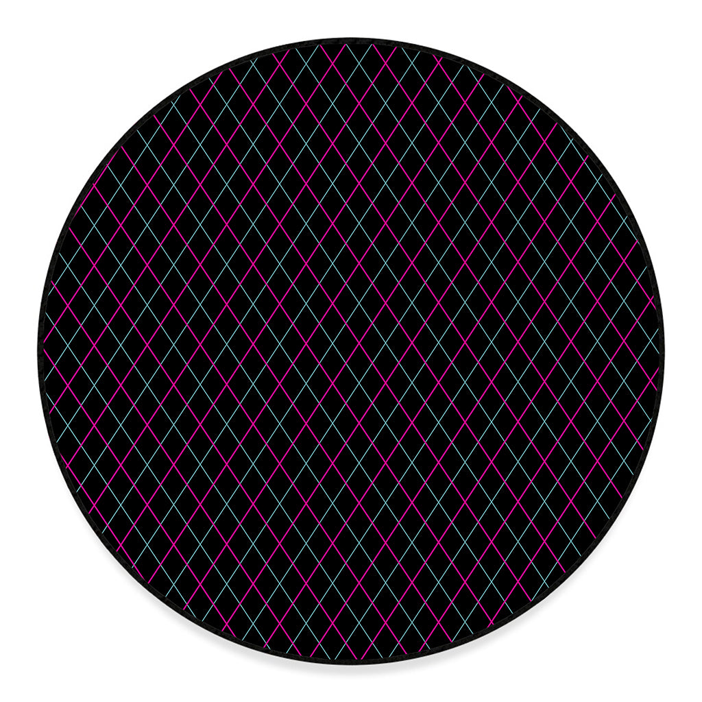 Black Pink And Blue Argyle Pattern Print Round Floor Mat