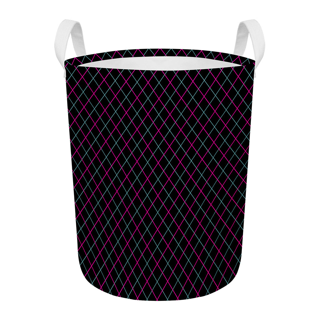 Black Pink And Blue Argyle Pattern Print Round Laundry Basket