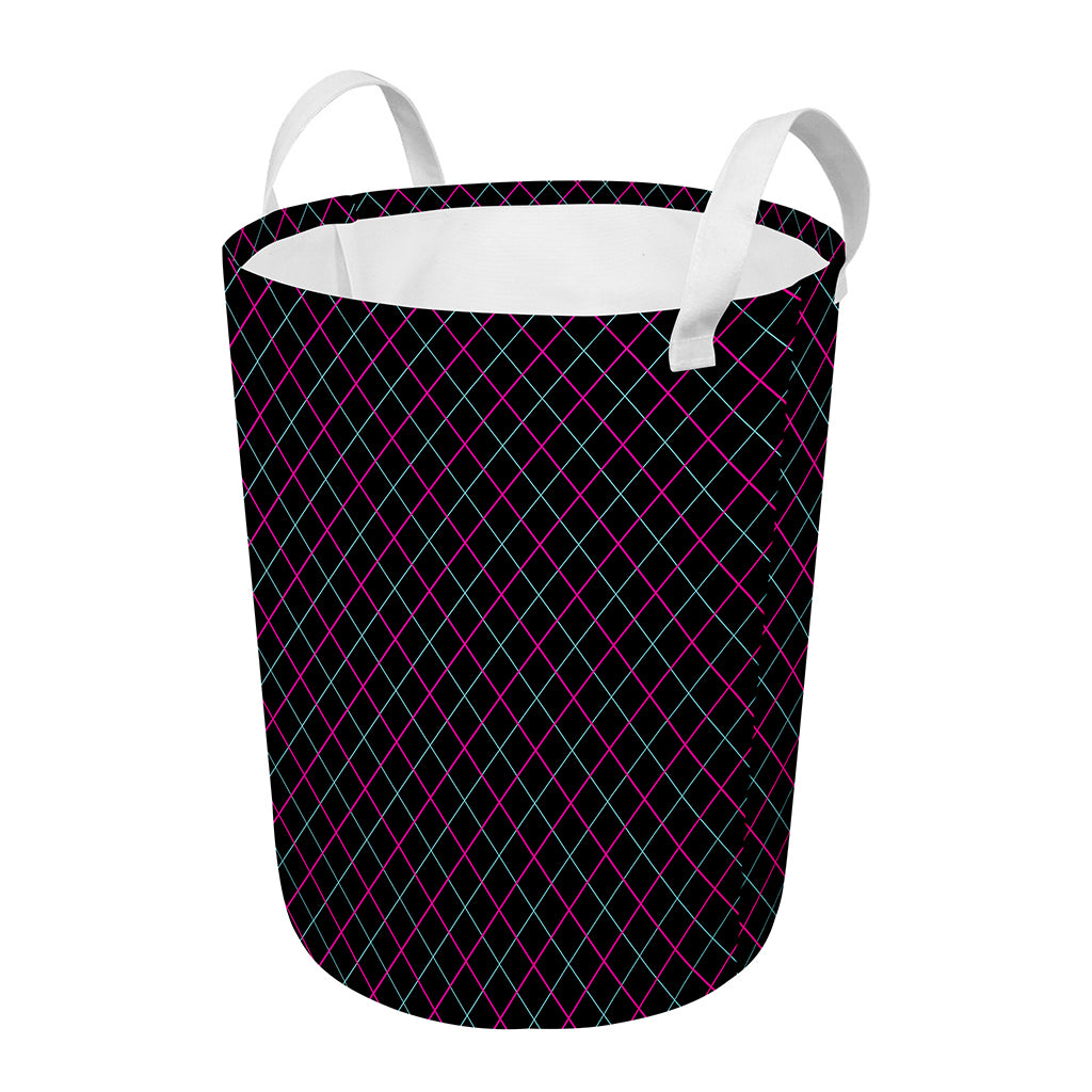 Black Pink And Blue Argyle Pattern Print Round Laundry Basket
