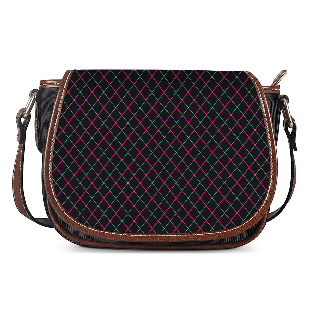 Black Pink And Blue Argyle Pattern Print Saddle Bag