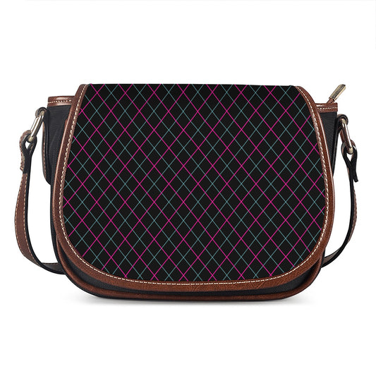 Black Pink And Blue Argyle Pattern Print Saddle Bag