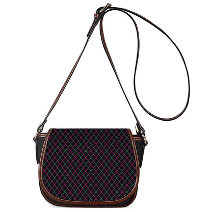 Black Pink And Blue Argyle Pattern Print Saddle Bag