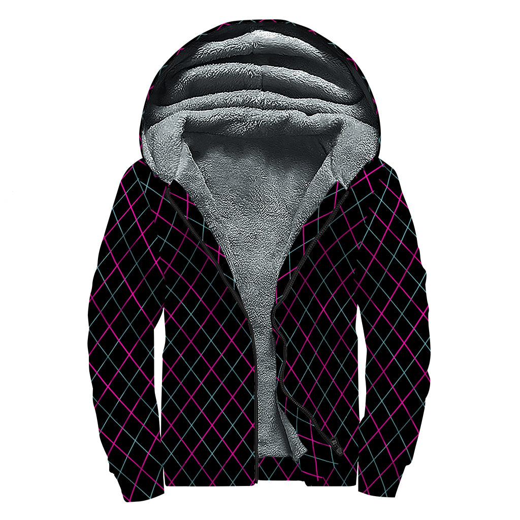 Black Pink And Blue Argyle Pattern Print Sherpa Lined Zip Up Hoodie