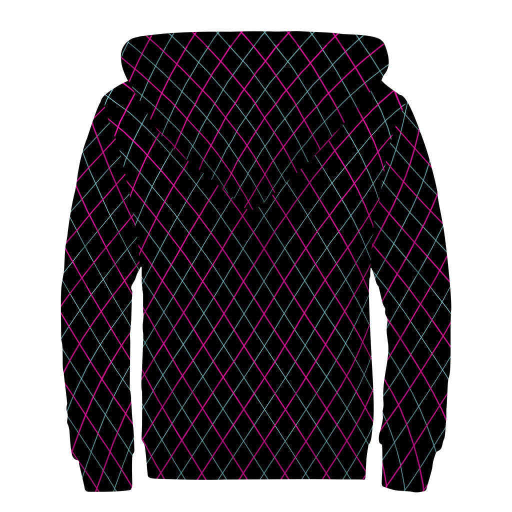 Black Pink And Blue Argyle Pattern Print Sherpa Lined Zip Up Hoodie