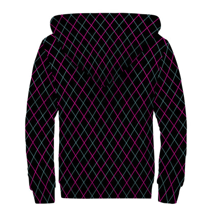Black Pink And Blue Argyle Pattern Print Sherpa Lined Zip Up Hoodie