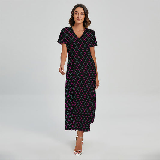 Black Pink And Blue Argyle Pattern Print Short Sleeve Maxi Dress