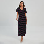 Black Pink And Blue Argyle Pattern Print Short Sleeve Maxi Dress