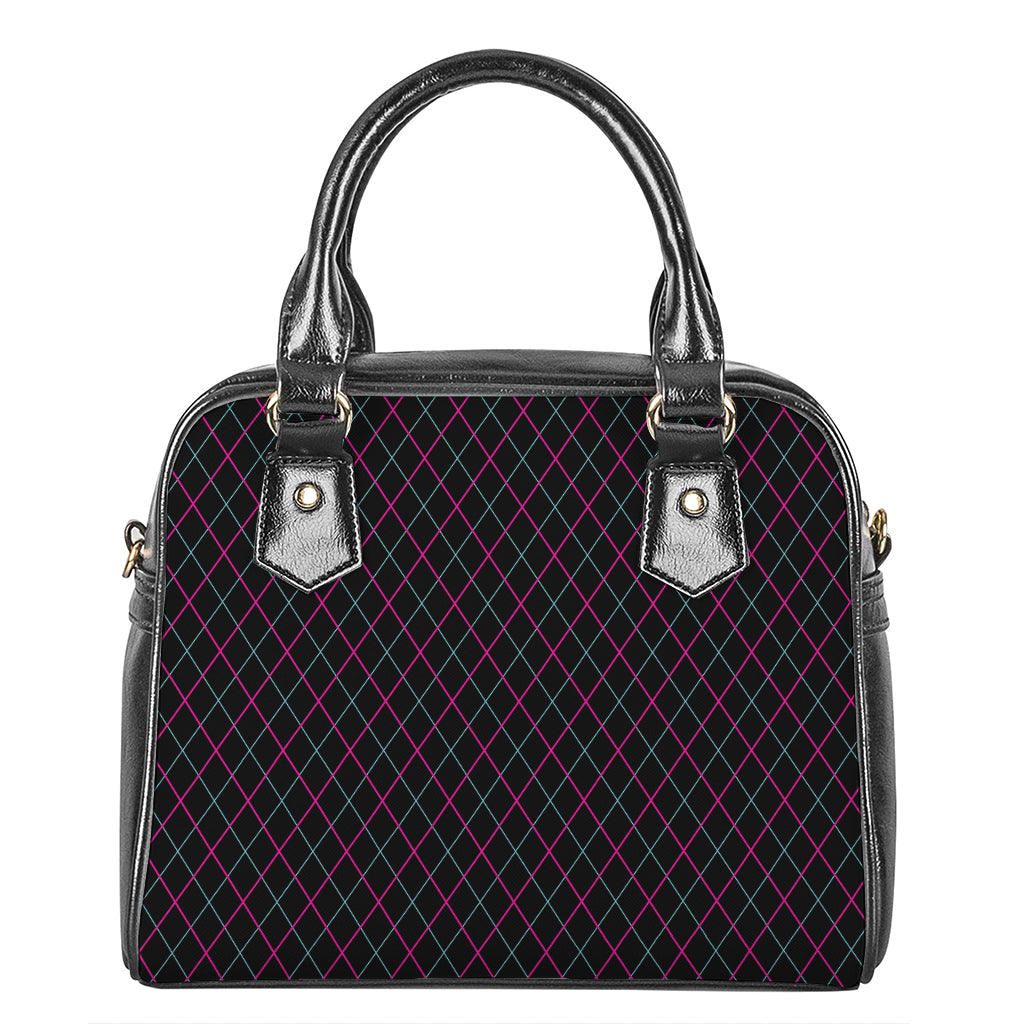 Black Pink And Blue Argyle Pattern Print Shoulder Handbag