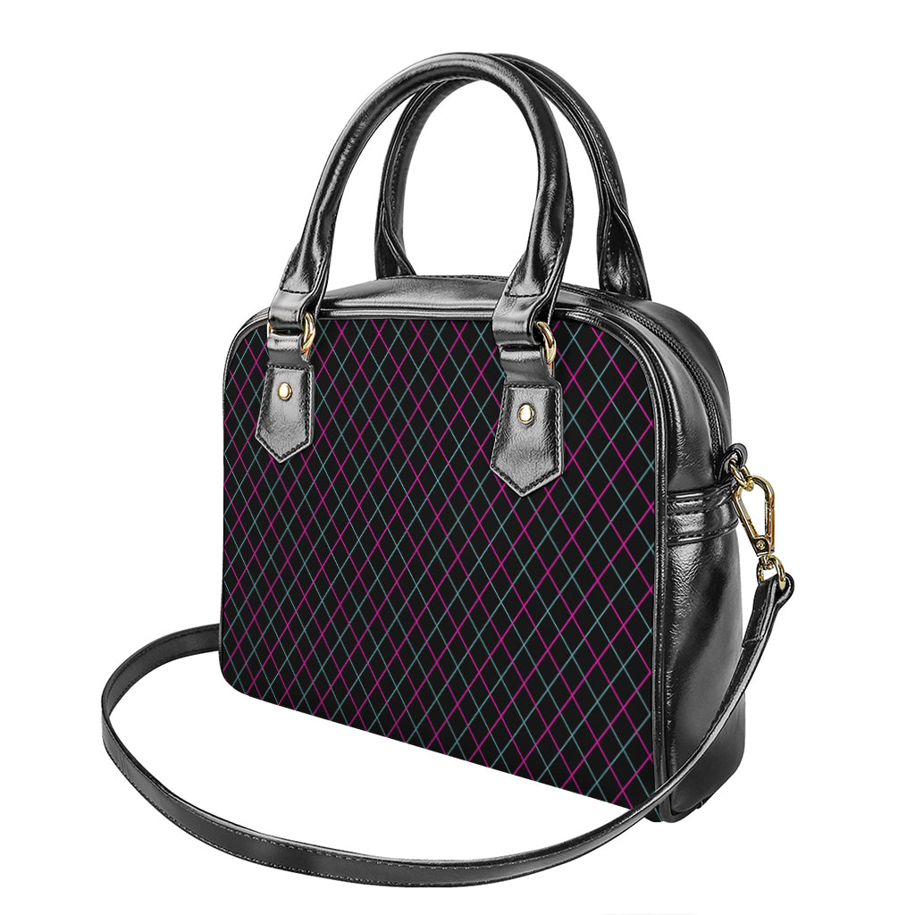 Black Pink And Blue Argyle Pattern Print Shoulder Handbag