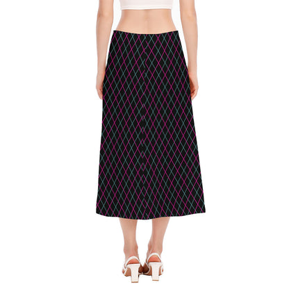 Black Pink And Blue Argyle Pattern Print Side Slit Midi Skirt