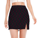 Black Pink And Blue Argyle Pattern Print Side Slit Mini Skirt