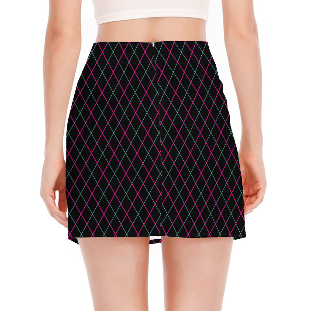 Black Pink And Blue Argyle Pattern Print Side Slit Mini Skirt